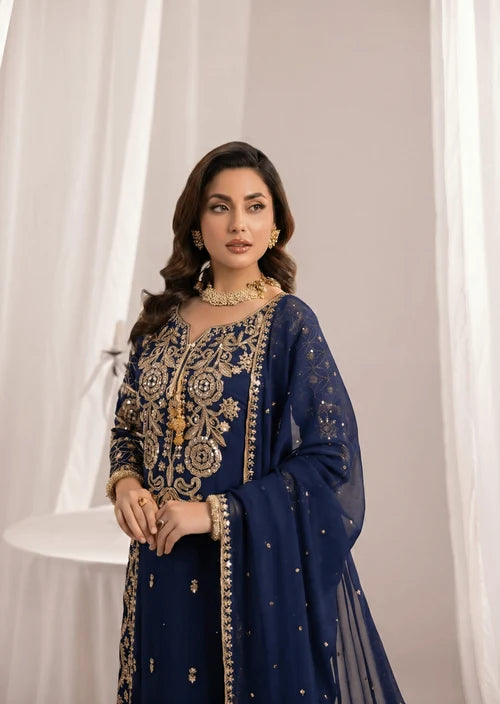 ALYSSA Luxury Navy Blue Embroidered Bemberg Crinkle Chiffon Long Shirt Sharara Suit Ready to Wear Pakistani Festive Party Wear Women's Outfit