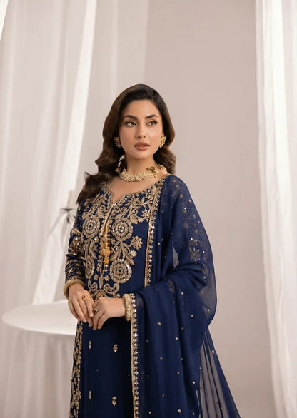 ALYSSA Luxury Navy Blue Embroidered Bemberg Crinkle Chiffon Long Shirt Sharara Suit Ready to Wear Pakistani Festive Party Wear Women's Outfit