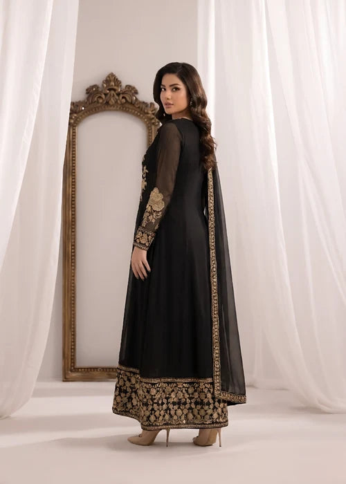 Gulnoor Jet Black Embroidered Bemberg Crinkle Chiffon Flared Maxi Suit Ready to Wear Pakistani Festive Party Wear Women's Outfit