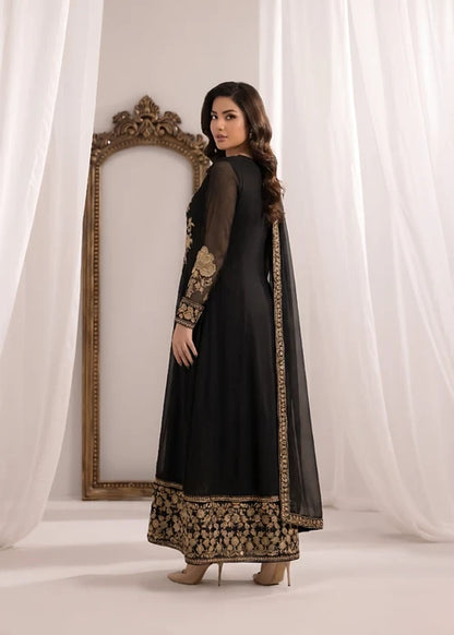 Gulnoor Jet Black Embroidered Bemberg Crinkle Chiffon Flared Maxi Suit Ready to Wear Pakistani Festive Party Wear Women's Outfit