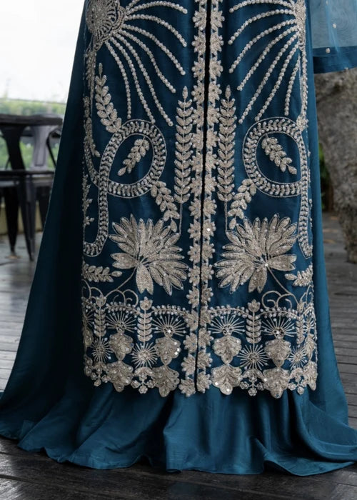 AGHA JAAN Luxury Teal Embroidered Net Long Shirt Lehenga Suit Ready to Wear Pakistani Festive Party Wear Women's Outfit