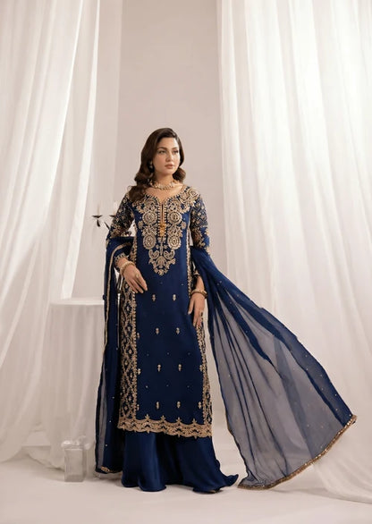 ALYSSA Luxury Navy Blue Embroidered Bemberg Crinkle Chiffon Long Shirt Sharara Suit Ready to Wear Pakistani Festive Party Wear Women's Outfit