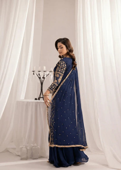 ALYSSA Luxury Navy Blue Embroidered Bemberg Crinkle Chiffon Long Shirt Sharara Suit Ready to Wear Pakistani Festive Party Wear Women's Outfit