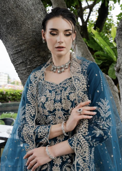 AGHA JAAN Luxury Teal Embroidered Net Long Shirt Lehenga Suit Ready to Wear Pakistani Festive Party Wear Women's Outfit