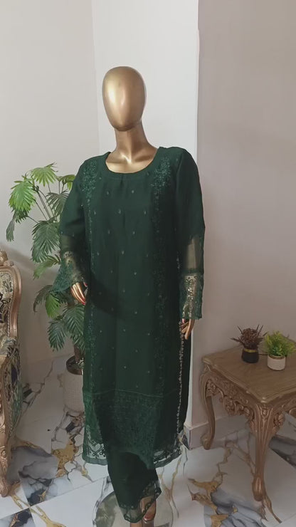 PRL GREEN Chiffon 3 piece ready to wear traditional suit - women wear - embroidered shirt & Duppatta - Katan Silk Trouser