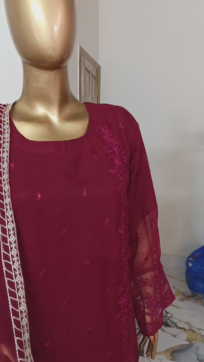 PRL RED Chiffon 3 piece ready to wear traditional suit - women wear - embroidered shirt & Duppatta - Katan Silk Trouser