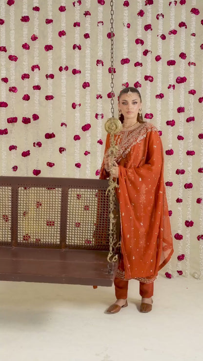 RUMI luxury chiffon Embroidered womenswear 3 piece ready to wear suit (Watch video)