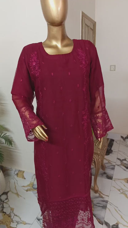 PRL RED Chiffon 3 piece ready to wear traditional suit - women wear - embroidered shirt & Duppatta - Katan Silk Trouser