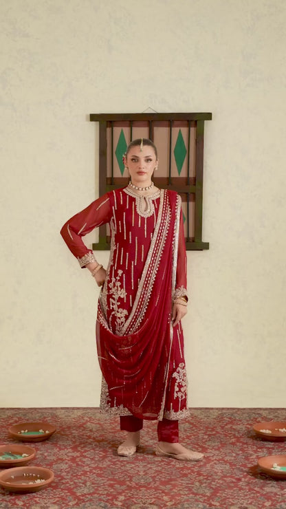 DULRUBA luxury chiffon Embroidered womenswear 3 piece ready to wear suit (Watch video)