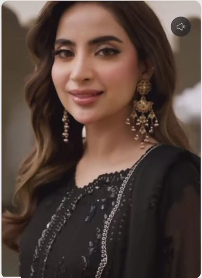 MAHAM Luxury classy style Chiffon 3 piece ready to wear traditional embroidered asian suit stylish womenswear outfit - SHIRT LENGHT 45”-47”  (Watch video)