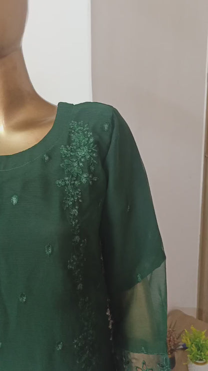 PRL GREEN Chiffon 3 piece ready to wear traditional suit - women wear - embroidered shirt & Duppatta - Katan Silk Trouser