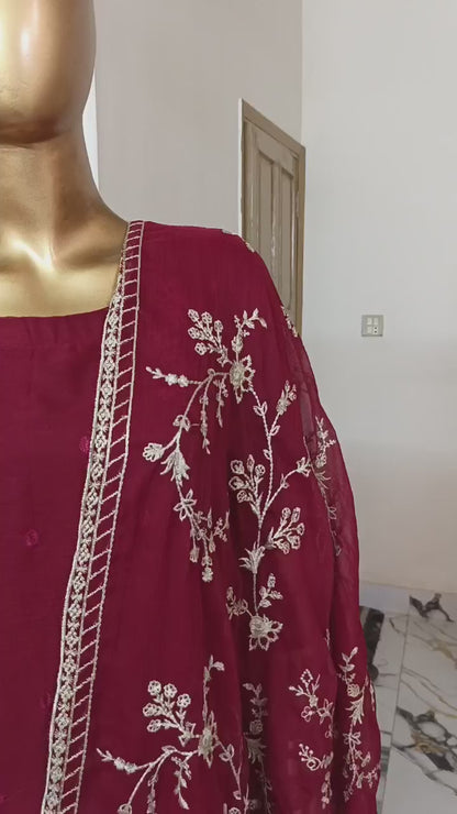PRL RED Chiffon 3 piece ready to wear traditional suit - women wear - embroidered shirt & Duppatta - Katan Silk Trouser