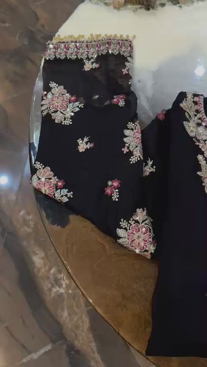 Humara Luxury BLACK classy Chiffon Heavy embroidered Neckline 3 piece ready to wear traditional embroidered asian stylish womenswear outfit - (Watch video)
