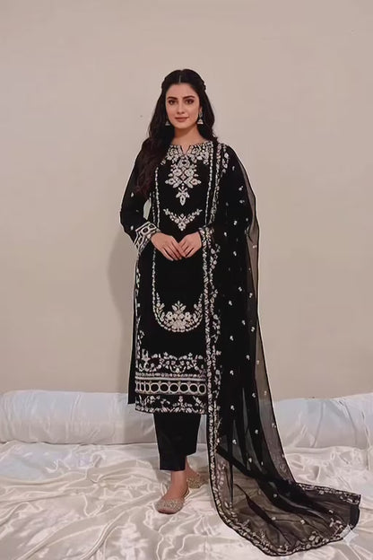 AREEBA Heavy Handwork Shirt front Neck Chiffon 3 piece ready to wear traditional suit