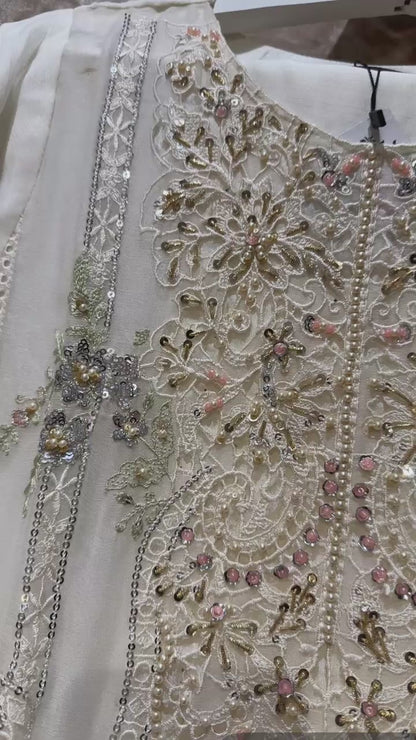 NOOR JAHAN Luxury classy Chiffon 3D Heavy work 3 piece ready to wear traditional embroidered asian stylish womenswear outfit - (Watch video)